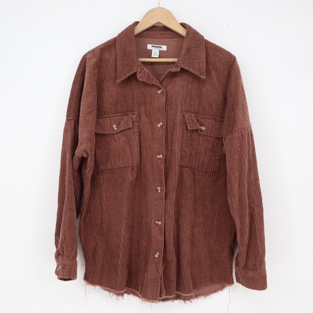 RSQ Brown Corduroy Button Down Shirt Raw Hem Oversized Shacket Mens XL Cotton - Picture 1 of 4
